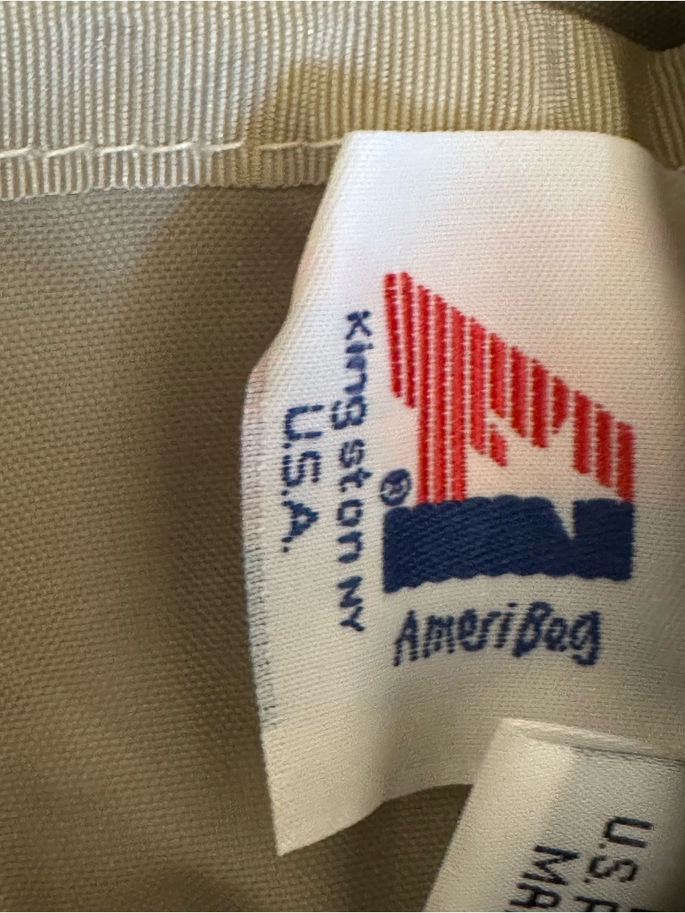 Ameribag Red and Blue Logo Interior Tag on Cream Lining